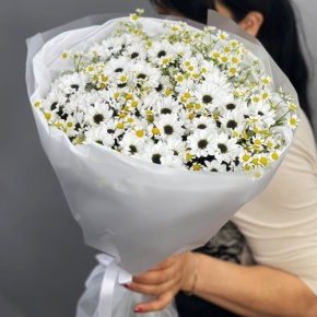 Букет "Понарошку" из хризантем сантини и ромашек в Котельниках