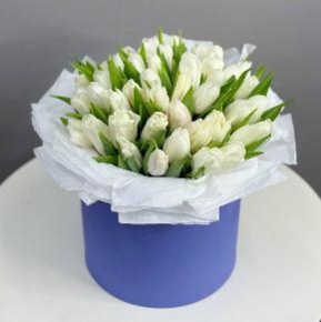 Букет из 49 белых тюльпанов в синей коробке в Котельниках