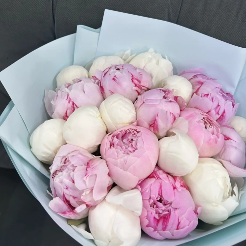Микс из 19 бело-розовых пионов в Котельниках